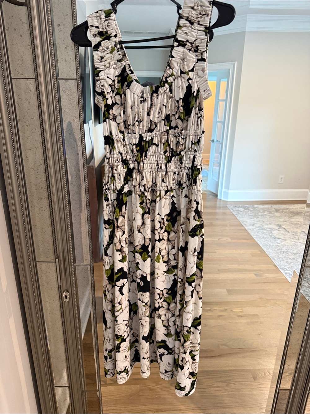White House Black Market -Floral Smocked Midi Dress in Black and White